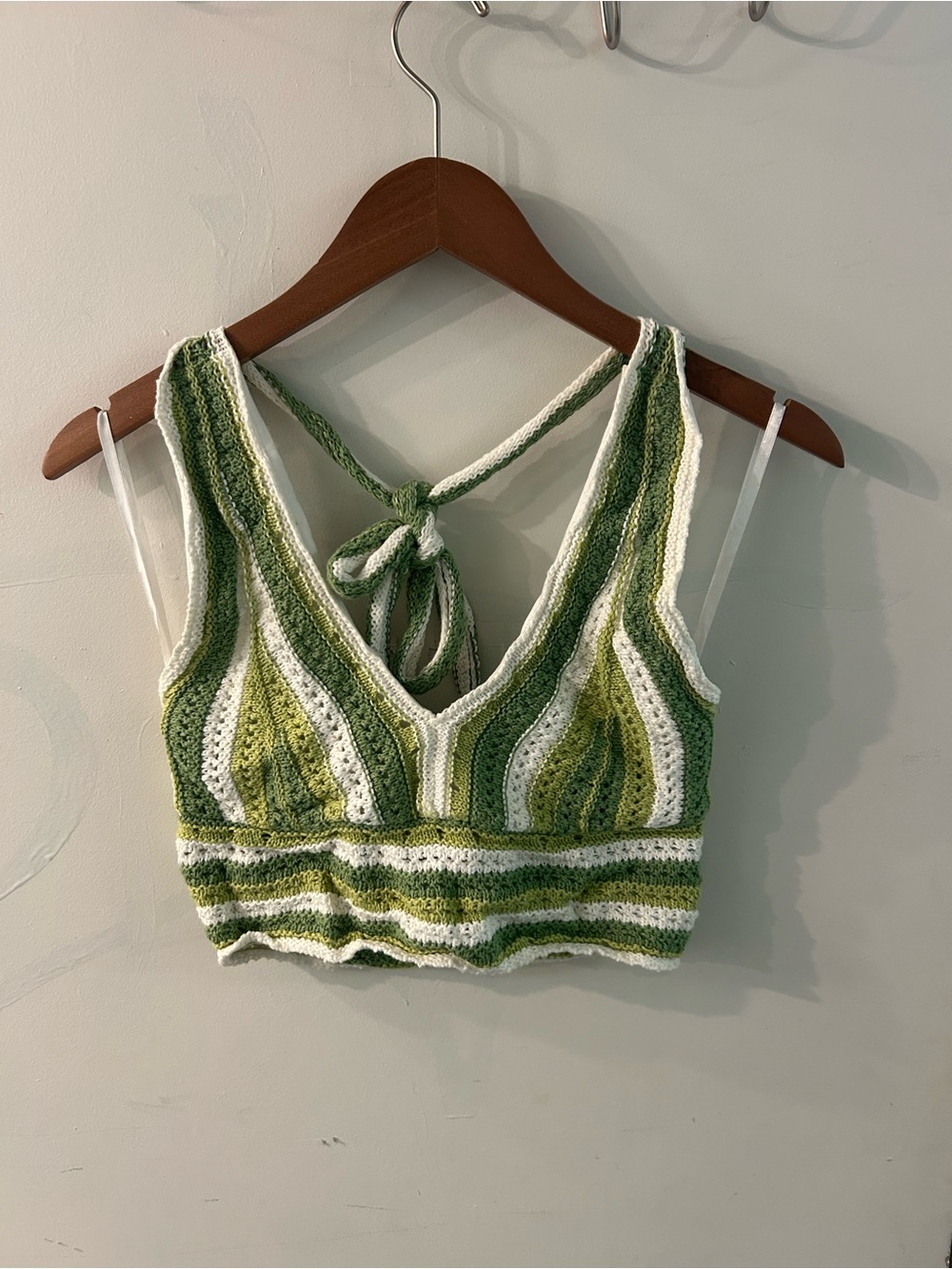 Hollister Green and White Striped Crochet Halter Camisole